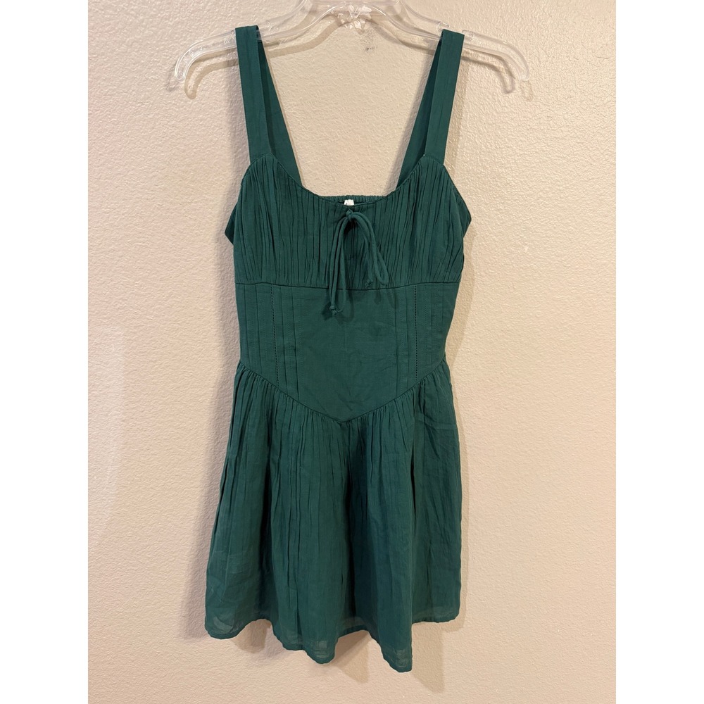American Eagle Green Cotton Mini Dress XS Cottagecore Smocked Back Tie Front